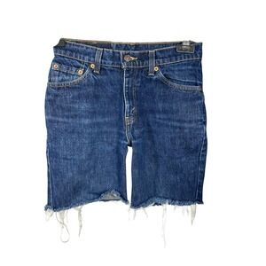 Levis 517 Denim Jean Shorts Boot Cut Low Rise Frayed Hem Dark Wash 5 Jr S cutoff